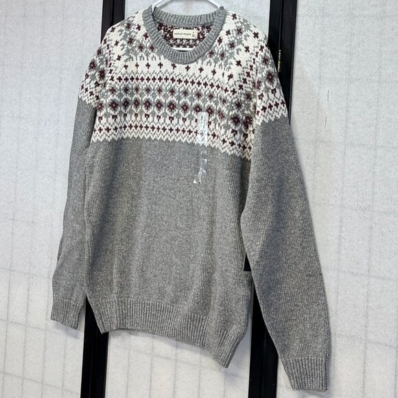 Mutual Weave Fair Isle Crew Neck Knit Sweater M Long Sleeve Grey White Maroon - Picture 4 of 10